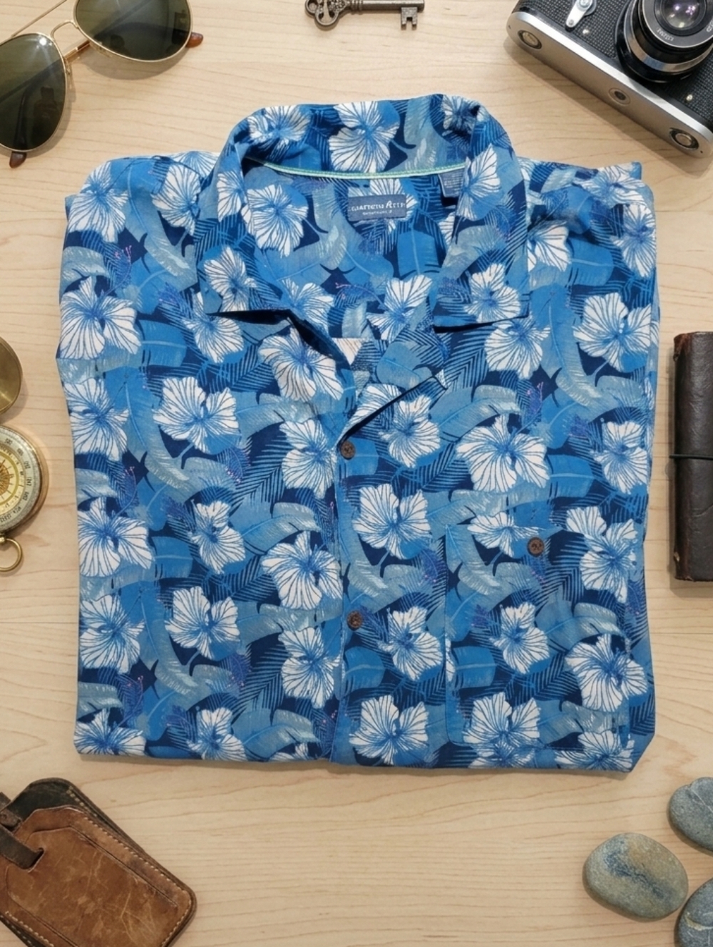 Caribbean Joe 4XT Viscose Tropical Print Button Down Short Sleeve Shirt Blue